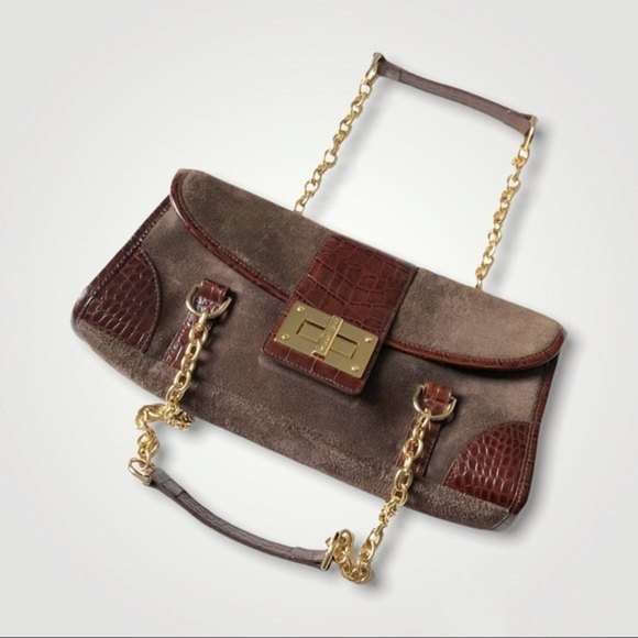 RALPH Lauren Bag Y2K Baguette Shoulder Genuine Suede and Croc Embossed Leather - Picture 3 of 12